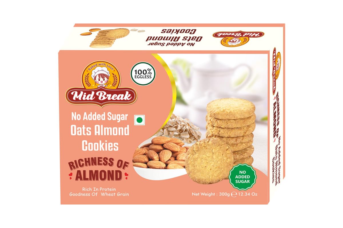 

Midbreak Premium Oats & Almond Cookies - 300gm (Pack Of 1) | Healthy Digestive Diabetic-Friendly Biscuits With No Added Sugar | Handmade &
