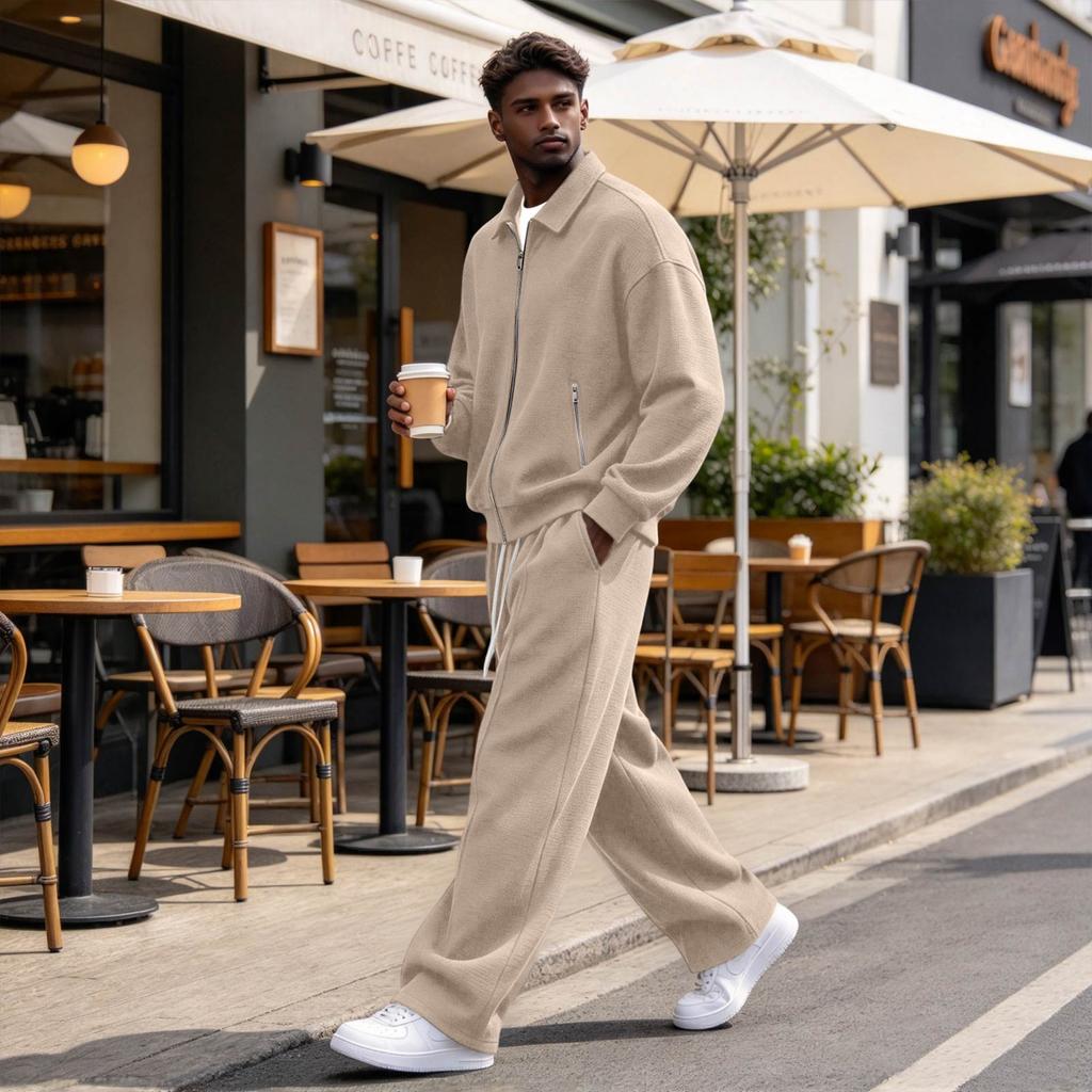 Men's Knit Zip-Up Lapel Jacket Sweatshirt and Straight-Leg Sweatpants Set, Loose Fit Outfit
