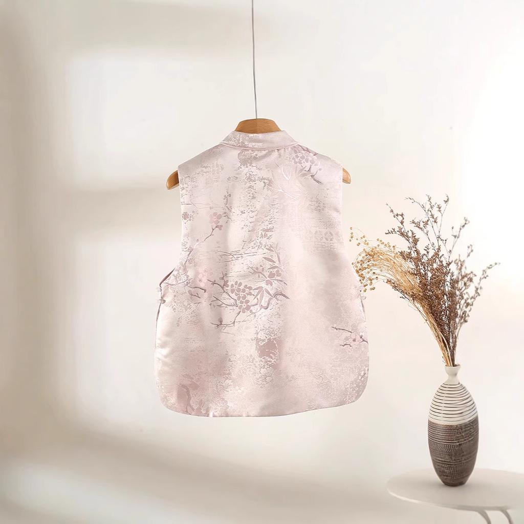 2025 early spring jacquard stand-up collar disc-buckled temperament vest high-end pink versatile top