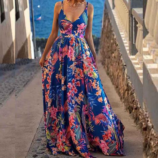 V-neck Waist Tight Split Hem Lady Dress Floral Print Sleeveless Sling Beach