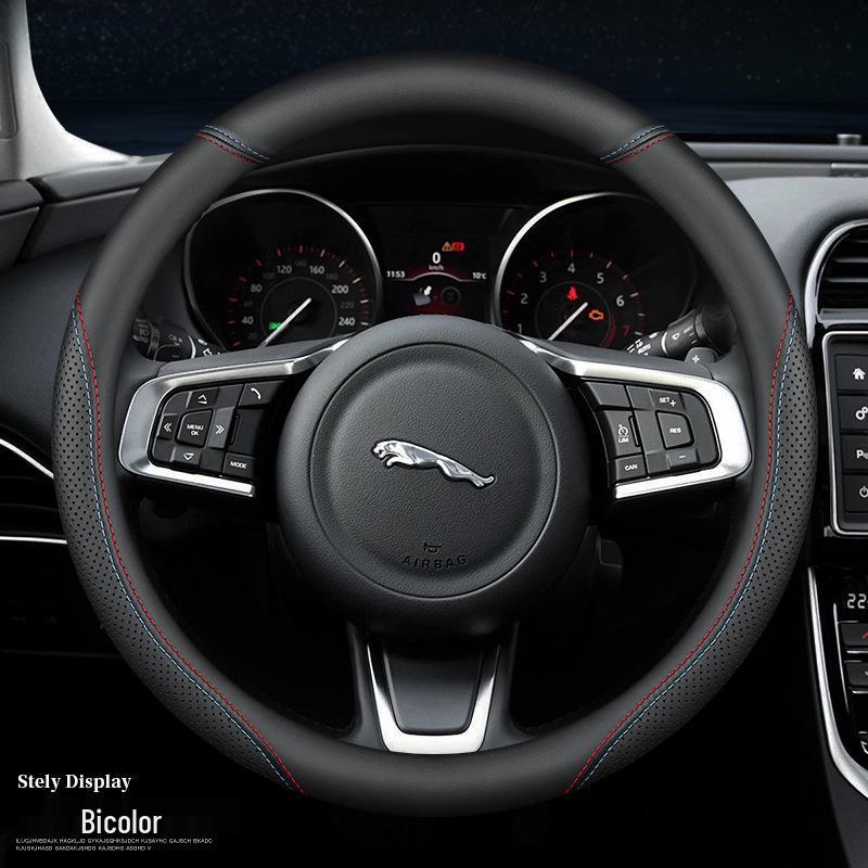 

Genuine Leather Steering Wheel Cover for Jaguar XF, F-PACE, XEL, XFL, XJ, XE - Non-slip, Breathable, All-season. 38 cm
