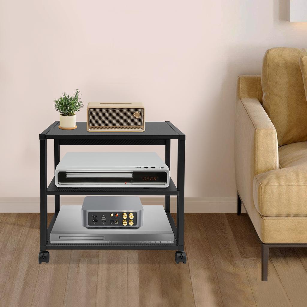 3-Tier Galvanized Steel AV Media Stand with 4 Wheels,Black Rectangular AV Media Stand 50*40*48.5cm for Study Rooms,Kitchens