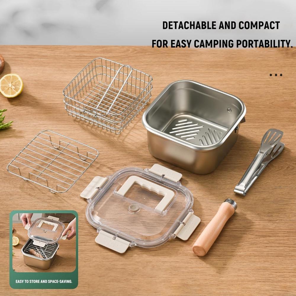 Stainless Steel Fryer Portable Outdoor Cooking Pot with Basket Lid Handle and Oil Filter Screen Multi-function Food Container