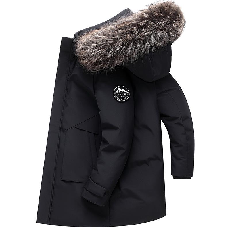 Men's 2025 Mid-Length White Duck Down Jacket with Fur Collar, Plus Size Thick Winter Outerwear