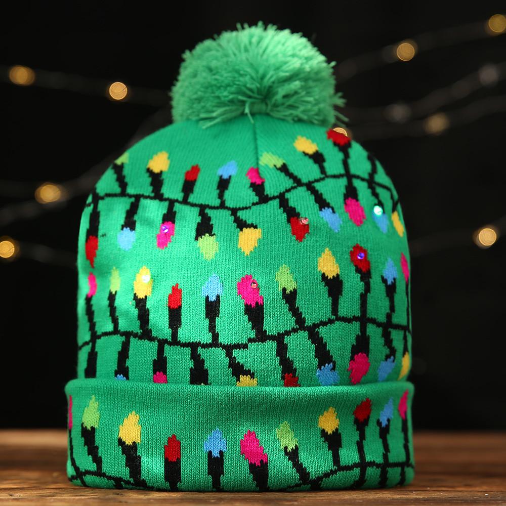 Festive Christmas Decoration Knit Beanie Hat With Led Lights For Adults And Kids