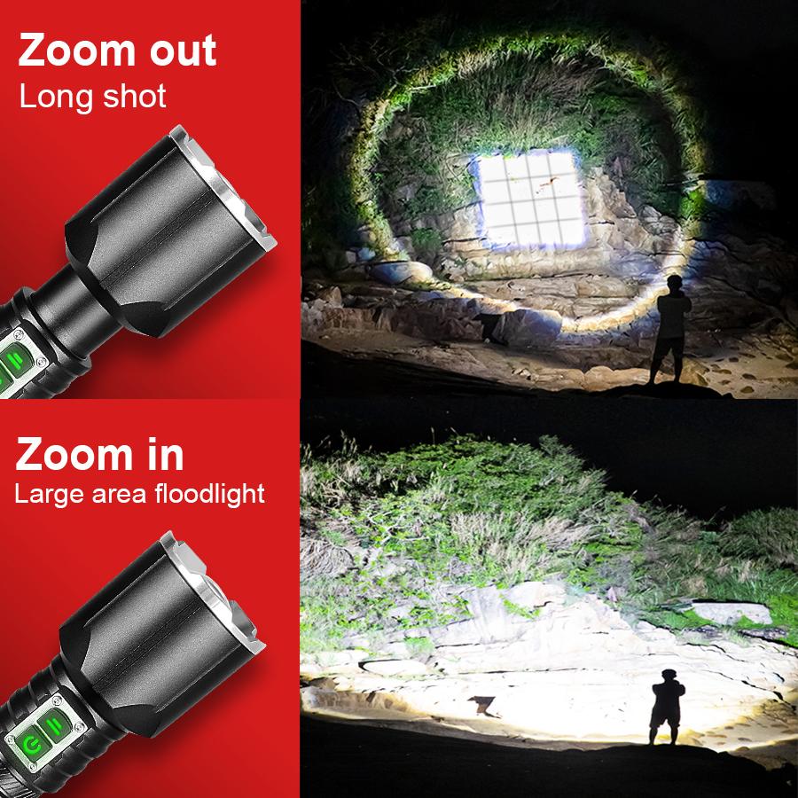 Long Shot 1000M Powerful Flashlight Zoomable Torch XHP160 Lamp Waterproof Torch Light Rechargeable Flash Light Super Bright Lantern