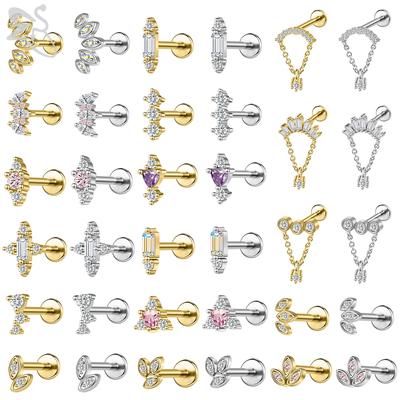 ZS 1 PC Gold Farbe 16G Edelstahl Labret Lippenpiercing Männer Frauen CZ Kristall Ohr Knorpel Tragus Helix Piercings Flache Rückseiten