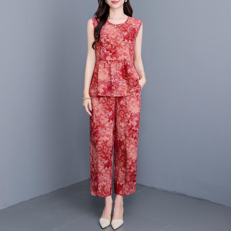 Plus Size Elegant 2 Piece Sets Women Summer Clothes Vintage Loose Print Pants Sets