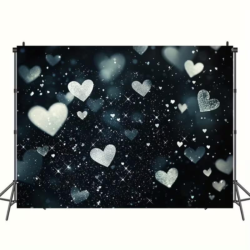 2D Black Silver Glitter Heart Backdrop Valentine's Day Photography Background