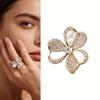 Gold Plated Four Leaf Clover Mother of Pearl CZ Statement Ring for Women, Luxury Flower Open Ring, Wedding Party Daily Wear Gift