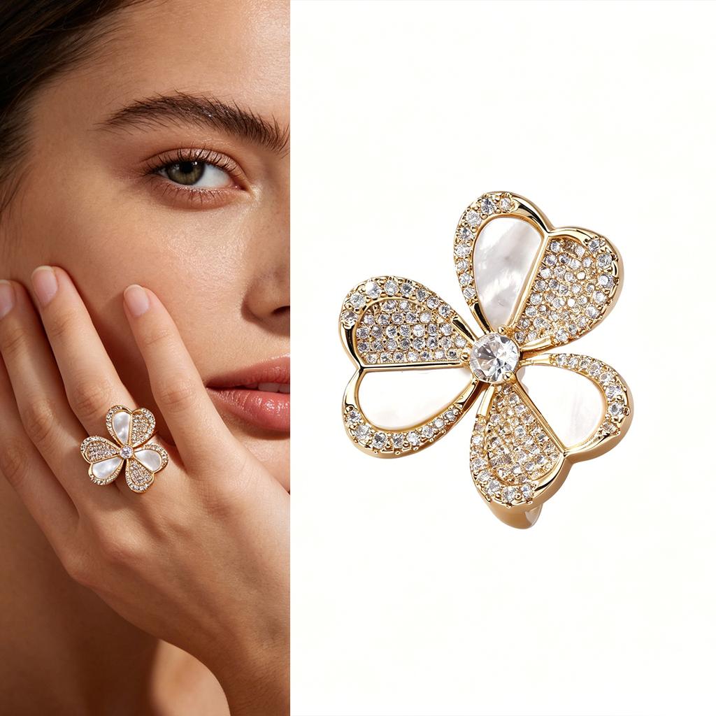 Gold Plated Four Leaf Clover Mother of Pearl CZ Statement Ring for Women, Luxury Flower Open Ring, Wedding Party Daily Wear Gift