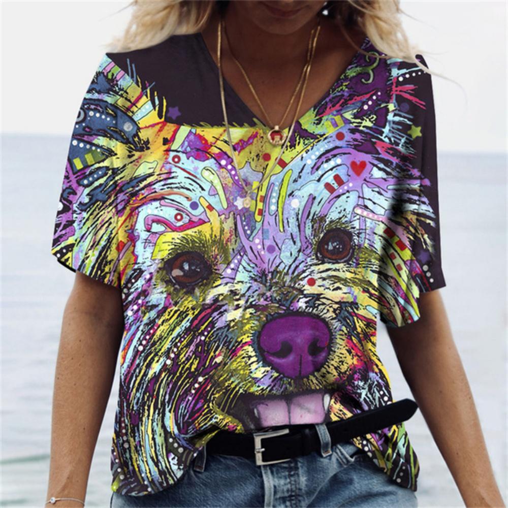 Summer V-neck 3D Printed Vintage Colorful Cat Funny Pattern Top Fashionable Casual Short Sleeved Women's T-shirts