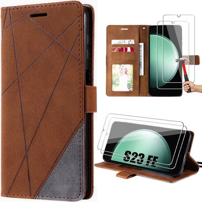 Coque de protection - BOOLING - pour Samsung Galaxy S23 FE - Rétro en Cuir PU - Marron - Porte-cartes et Support