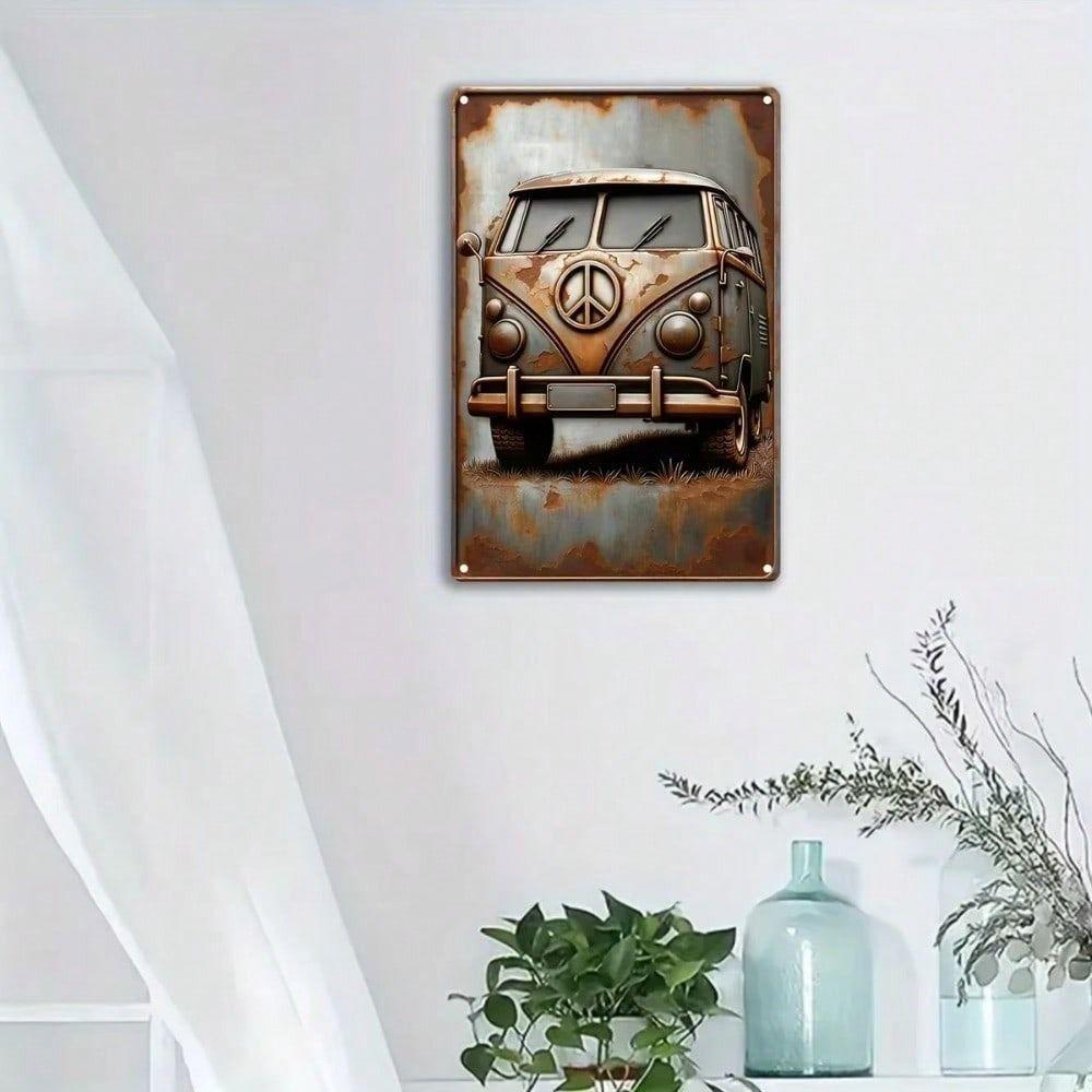 Letrero Metálico de Furgoneta Camper Vintage Decoración de Pared Símbolo de la Paz Póster de Aluminio
