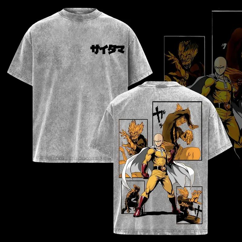 Saitama Garou One Punch Man Anime Clothing Men Women Oversized T-shirts Washed T Shirt Vintage Cotton Tshirt Harajuku Male Tops