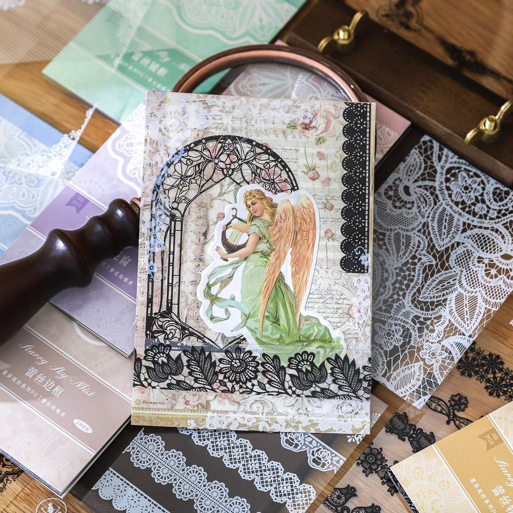 30pcs/pack Unrepeated Patterns Vintage Lace Stickers Black Ink White Ink Various Lace Boarder Sticker Card Journal Scrapbooking
