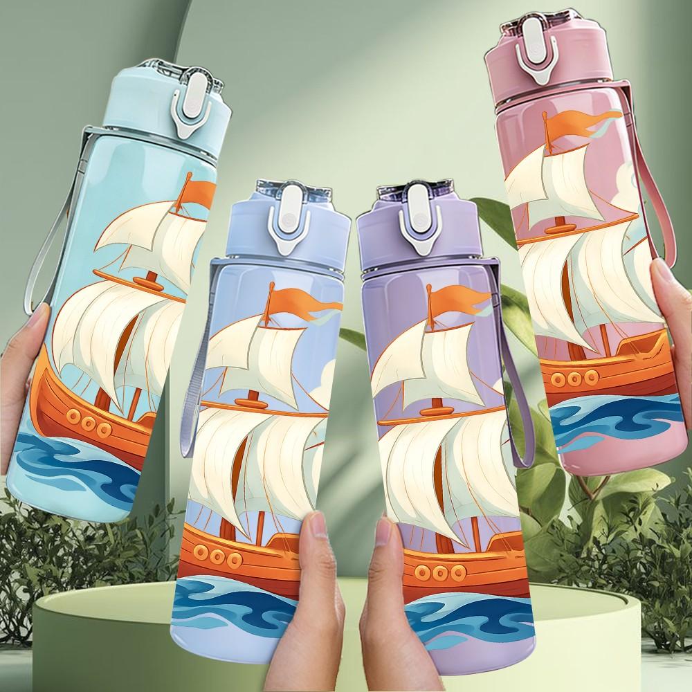 1PC Old Fashion Sailboat Ocean Pattern 750ml Color Plastic Sports Water Bottle Leakproof Flip Straw Lid Suitable for Sports Office Home Use