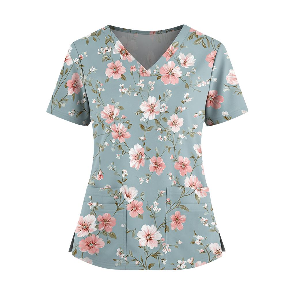 Women's floral print V-neck double pocket short-sleeved uniform/caregiver top with slits at the hem