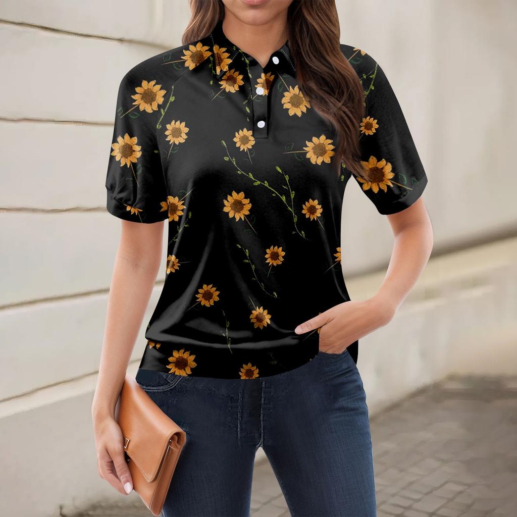 Damen-T-Shirt mit lässigem Blumendruck, V-Ausschnitt, kurzen Ärmeln und dekorativen Knöpfen