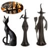 Indoor Desktop Decorations Abstract Witch Figurine, Resin Black Cat Statue, Gothic Minimalist Matte Decor Ornament, Halloween Tabletop for Home Mantel