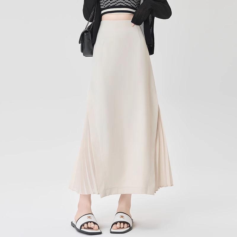 Chiffon Spliced gray Suit Skirt for Women in Summer Thin Pleated Spliced a-line Long Skirt