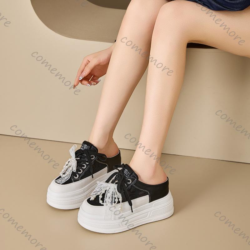 Comemore Summer New Heightening Sneakers Baotou Half Slippers Outside Wear Thick Bottom Leisure Lace Lace Up Board Shoes