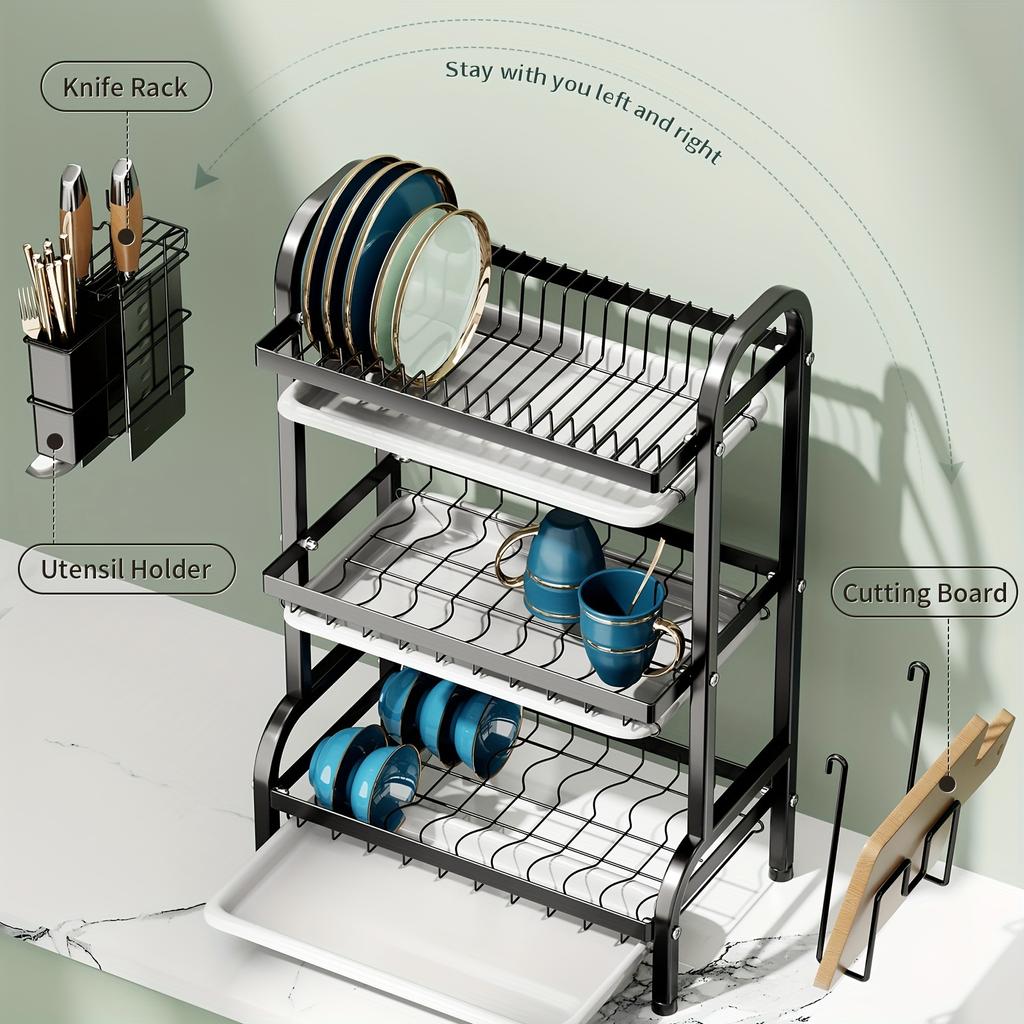 1pc 2/3-Tier Dish Rack for Kitchen Counter,Dish Racks with Drainboard for Kitchen Countertop,Metal Dish Drainer with Utensil Holders