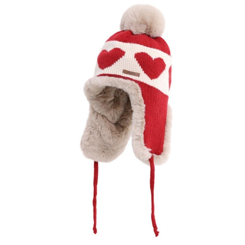 Polyester Trapper Hat Pom Pom Thick Warm Lining Winter Hat Heart Pattern Ear Flap Hat For Women