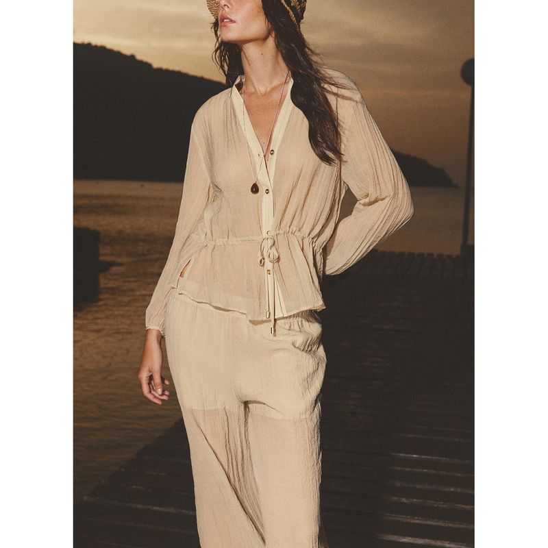 Round Neck Translucent Long Sleeves Shirt 3897106 Wrinkle Effect Translucent High Waist Loose Pants 3897206