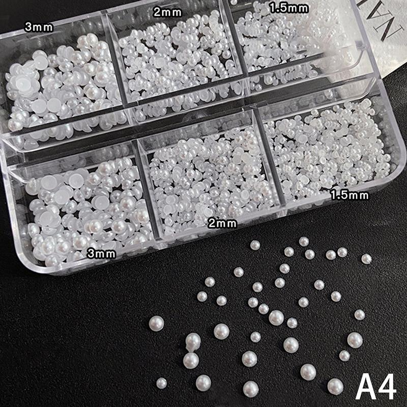 6 Grids Round White Pearls Nail Beads Nail Charms Caviar Beads Nail Jewels Half Round Pearl Gems Diy Nail Art Decor