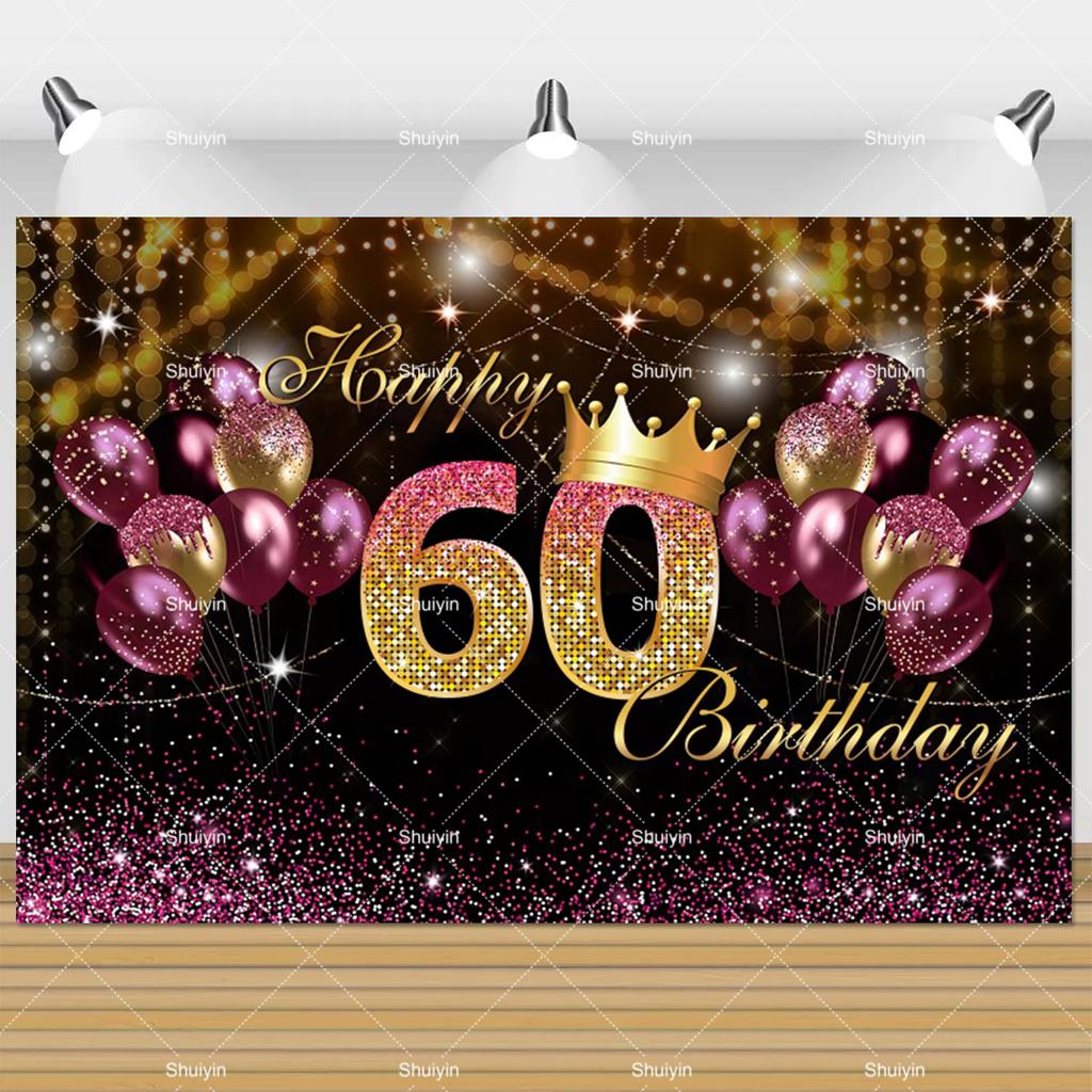 60th Birthday Backdrop Woman Man 60 Years Old Birthday Decorations Party Supplies Glitter Balloons Sixty Banner Photo Shoot Prop
