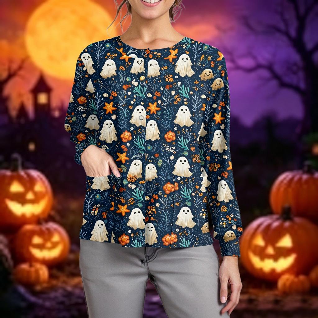 Women Long Sleeve Button Front Cardigan Halloween Print Lightweight Knitwear Pullover Top for Casual Wear and Work