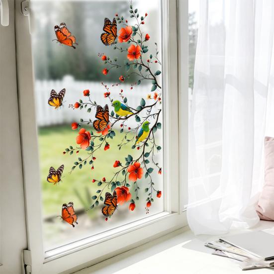 Blumen Schmetterling Vogel Fensteraufkleber, Selbstklebender Statischer Glassticker für Wohnzimmer Dekoration, Rückstandsfrei Abnehmbare Wandkunst