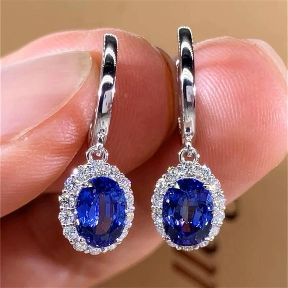 

Cute Female Blue Red Zircon Stone Oval Hoop Earrings Vintage Fashion Silver Color Wedding For Women синій