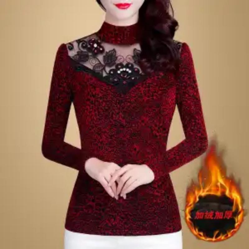 

Новый весенне-осенний модный стиль, футболка женская с высоким воротником, кружевной вязкой, ажурным узором, бисером, жаккардовым рисунком, облегающего кроя, универсальная, с длинным рукавом 4XL красный