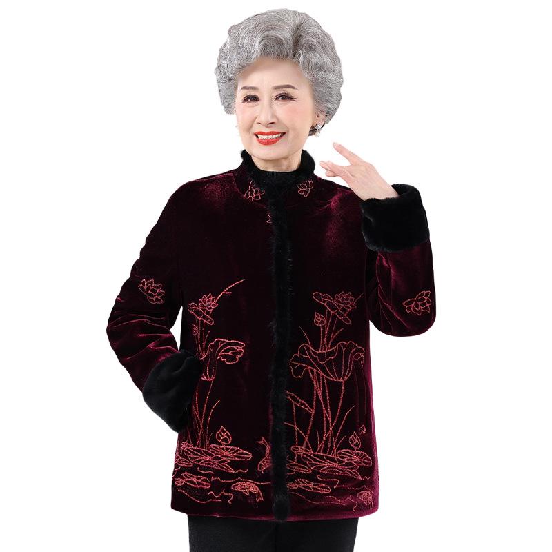 Golden Velvet Thick Padded Jacket for Elderly Women - Winter Cotton Coat in New Chinese Style