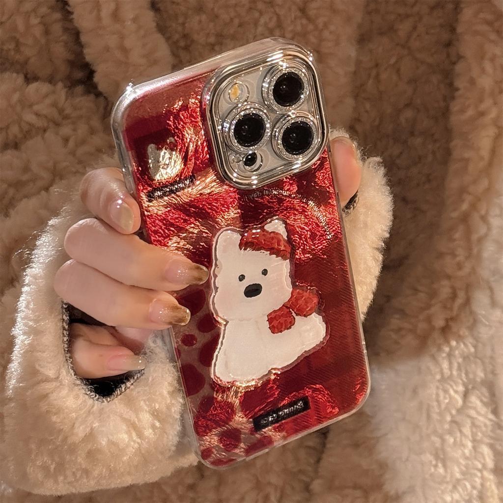 Red Checkered West Highland Suitable for 16promax Mobile Phone Case Apple IPhone 16 Three Dimensional Cartoon 13 Hanging Chain 14 Hard
