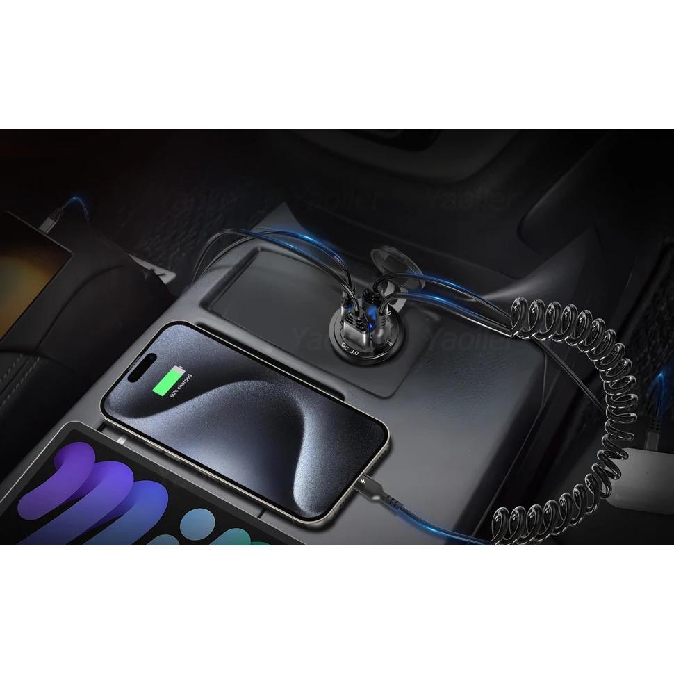 12V USB C Charger Outlet Aluminum Car Charger Socket Dual PD and Dual QC3.0 Car USB Port for Boat Marine Truck RV Motorcycle