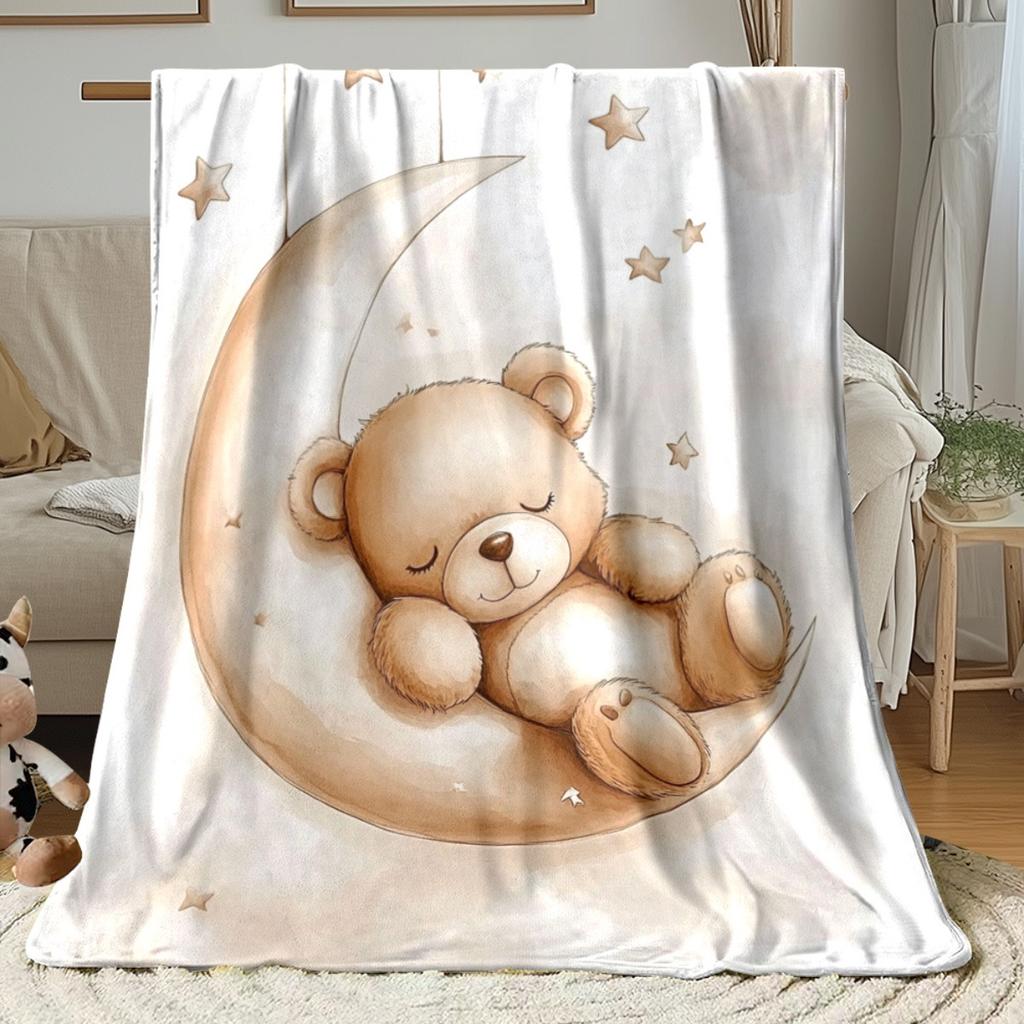 1pc Bear On Moon Blanket- Lightweight Throw for Sofa, Outdoor, Camping, Livingroom, Office, Chair, and Bed - Digital Printing Soft and Warm