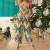 Women's Fashion Casual Loose Back Straps Wide Leg Vintage Printed Jumpsuit