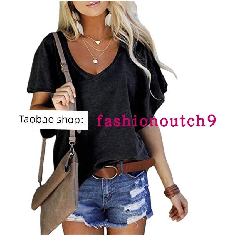 

2025 Solid Color Loose V-neck Short Sleeved Top T-shirt Black M