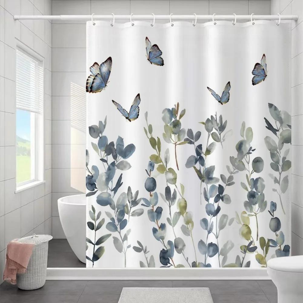 1PC Botanical Flower and Leaf Watercolor Pattern Waterproofing Bathroom Decoration Shower Curtain with Hooks Minimalist Design