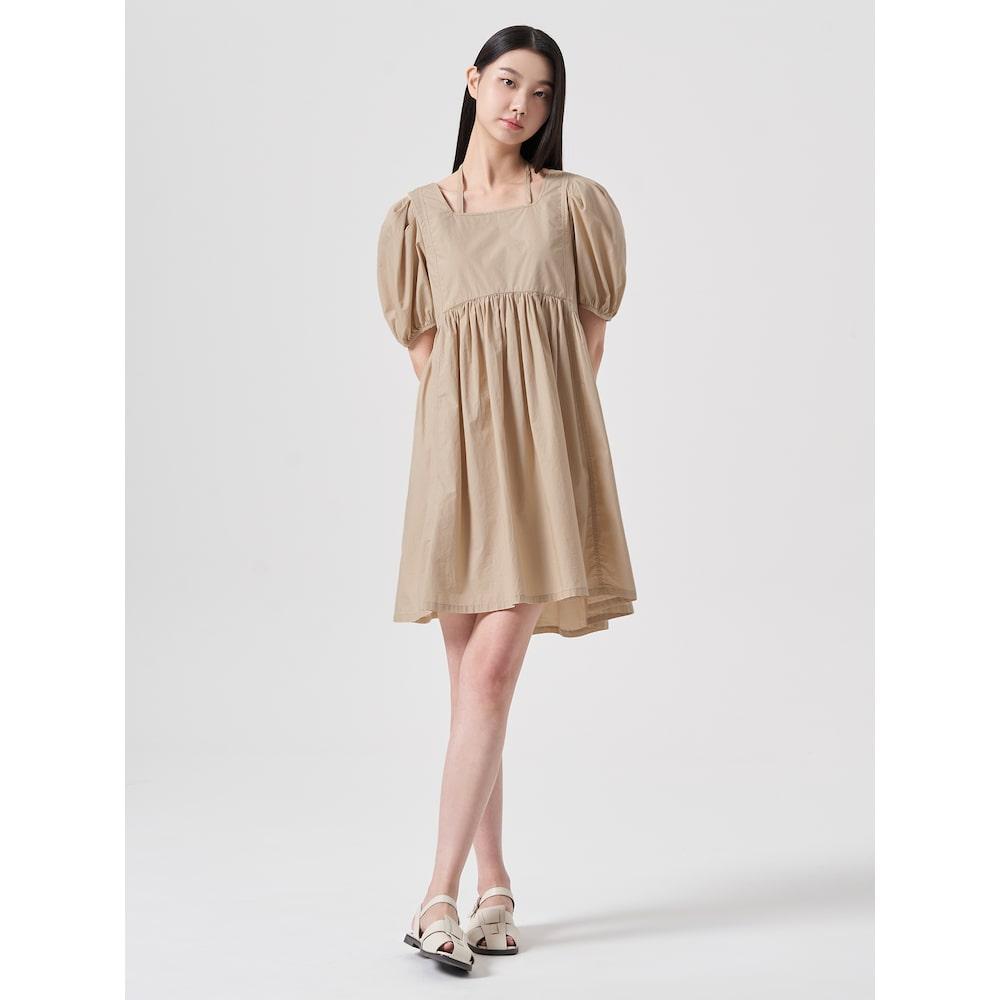 8seconds Cotton Puff Sleeve Mini Dress Beige