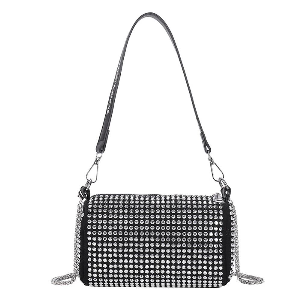 Large Capacity Small Square Bag Zipper Chain Shoulder Bag Personality Rhinestone Handbag  Party