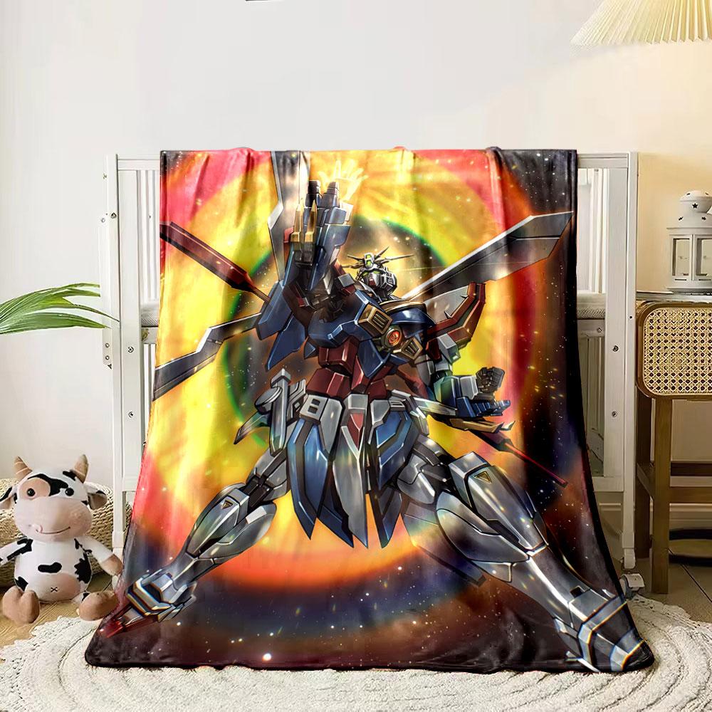 A futuristic robot strikes a dynamic pose with a glowing rainbow backdrop. for all seasons blanket lunch break throw gift 80cm x 120cm