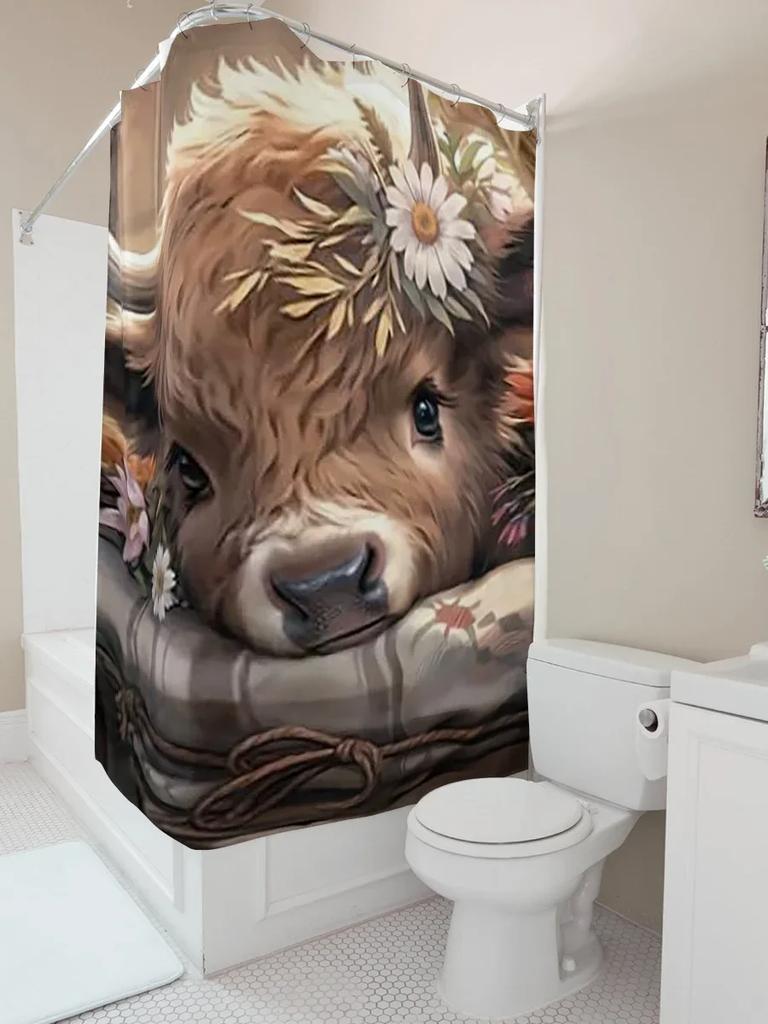Niedliche Hochlandkuh mit Blumen Wasserdichter Duschvorhang Hitzebeständig Maschinenwaschbar Nicht-Transparent 180x180cm