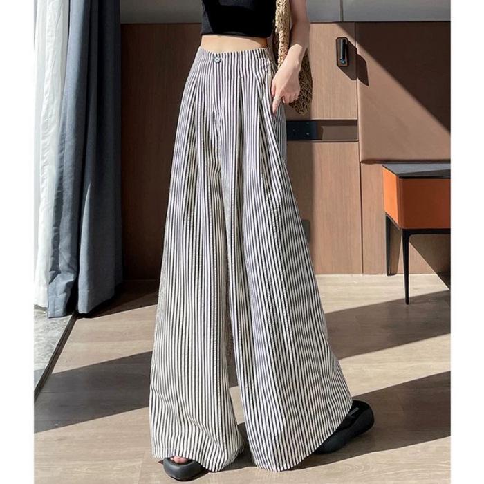 Women s Summer Stripe Wide-Leg High-Waist Loose Pants, Apricot Color L