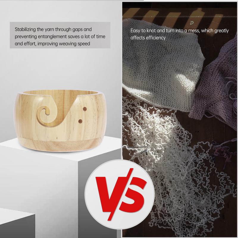 Wooden Yarn Bowl Round Crochet Bowl Holder with Holes Pine Knitting Yarn Bowls Wooden Weaving Thread Bowl with Lid Portable Yarn