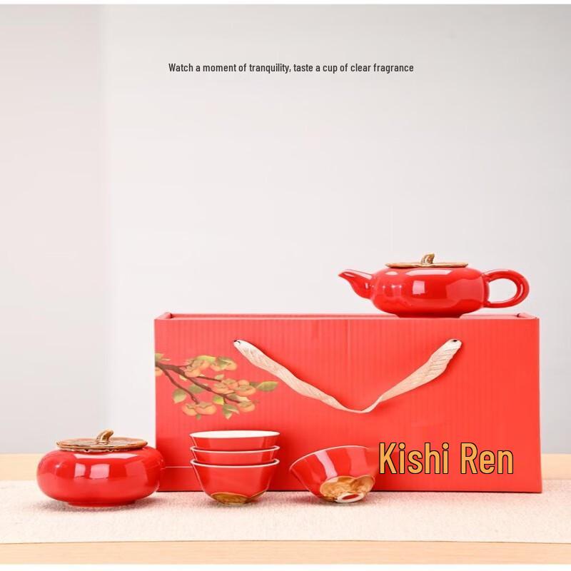Festive Red Ceramic Tea Set Gift Box
