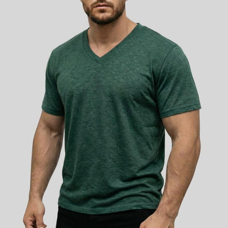 Men V Neck Short Sleeve T Shirt Slim Fit Solid Color Casual Basic Top